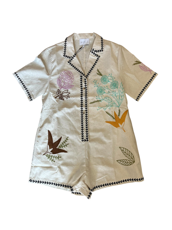 Mable Oatmeal Embroidered Button Down Romper