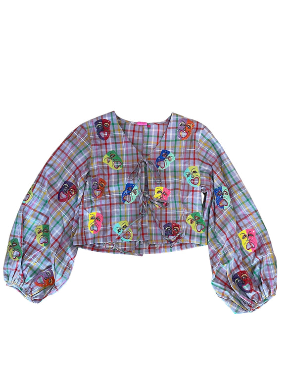 QOS Lavender Plaid Multi Mardi Gras Mask Tie Cotton Top