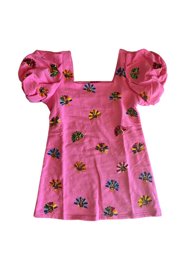 QOS Pink Turkey Poof Sleeve Dress