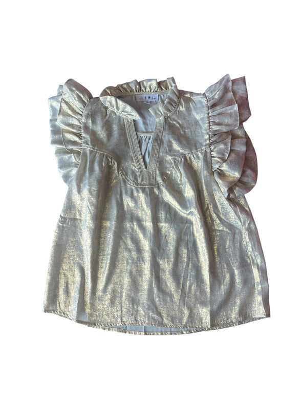 THML Gold Flutter Sleeve Shimmery V-Neck Top