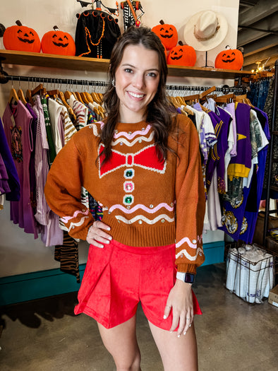 QOS Brown Gingerbread Man Jewel Bow Tie Sweater