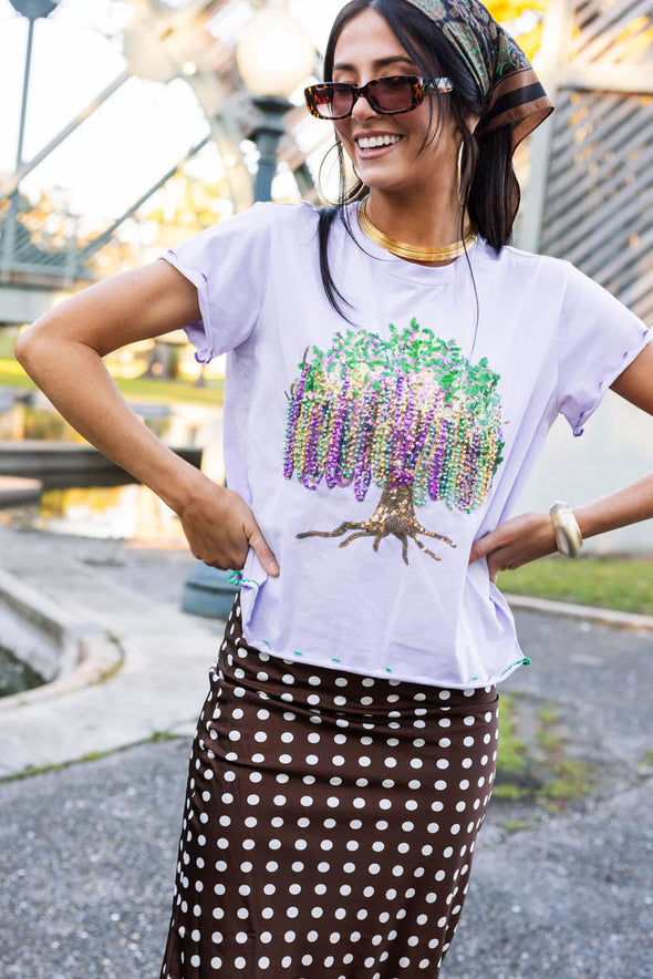 QOS Lavender Frill Edge Beads in Tree Tee