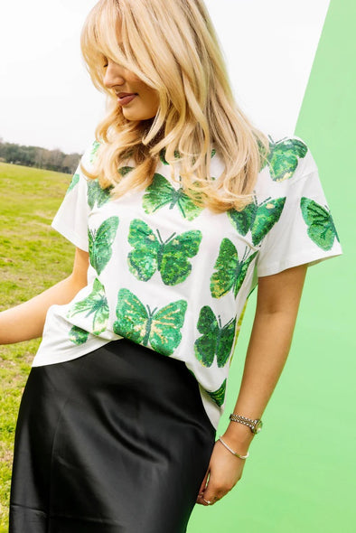 QOS White & Green Scattered Butterfly Tee