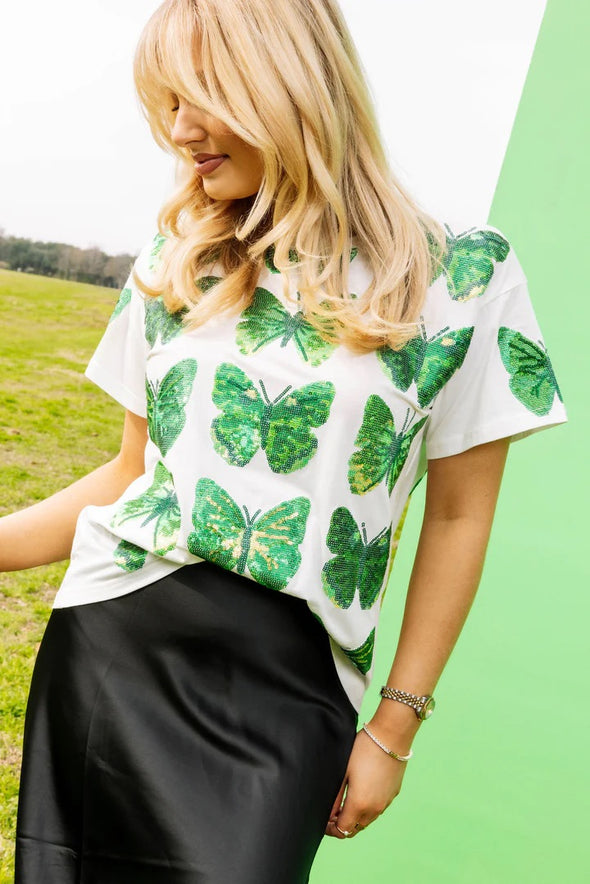 QOS White & Green Scattered Butterfly Tee