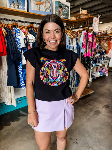 QOS Black Knit Short Sleeve Sweater with Rainbow Tiger Head