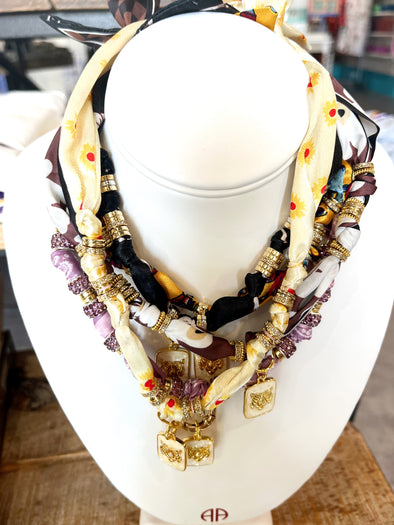 Scarf Necklace with Gold Tiger Pendant