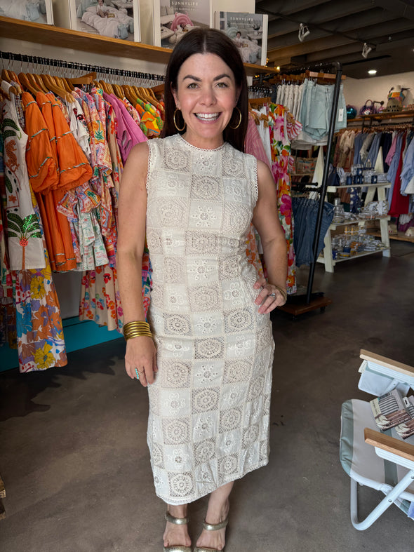 Aureum Ivory Embroidered Crochet Midi Dress