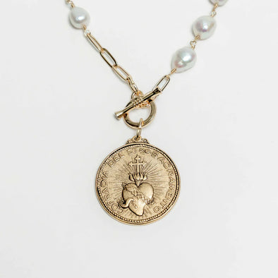 Coastal Grit Baroque Pearl Sacred Heart Coin Necklace