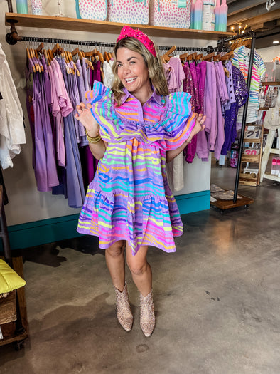 QOS Lavender & Neon Tigers Stripe Ruffle Dress