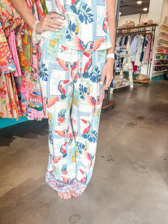 Fate by LFD Cream Multi Linen Tropical Print Wide Leg Pants
