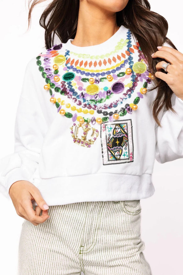 QOS White Mardi Gras Queen Beads Sweatshirt
