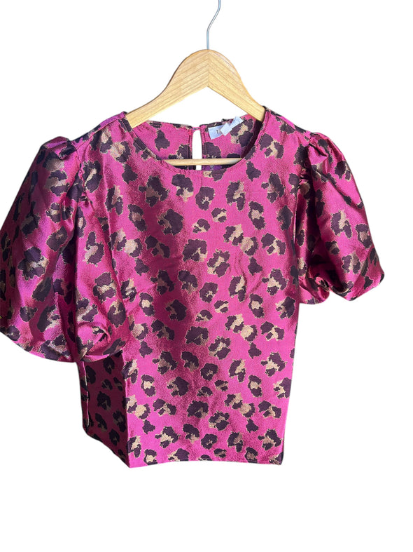 THML Magenta Puff Sleeve Leopard Print Top