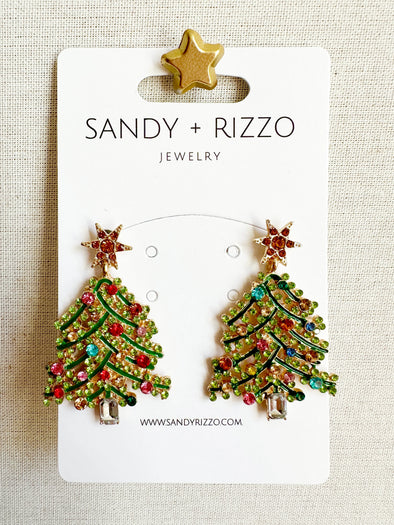 Green Rhinestone Christmas Tree Earrings