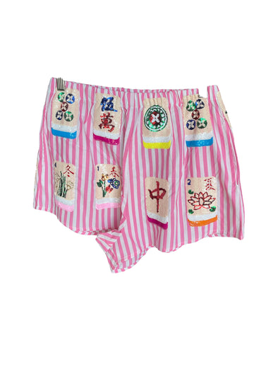 QOS Pink and White Striped Mahjong Cotton Shorts