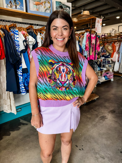 QOS Rainbow Tiger Print with Tiger Head Sweater Tank