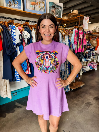 QOS Lavender Knit Dress with Rainbow Tiger Head