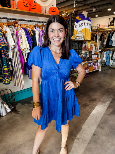 Skies are Blue Cobalt Suede Twisted Front Dress