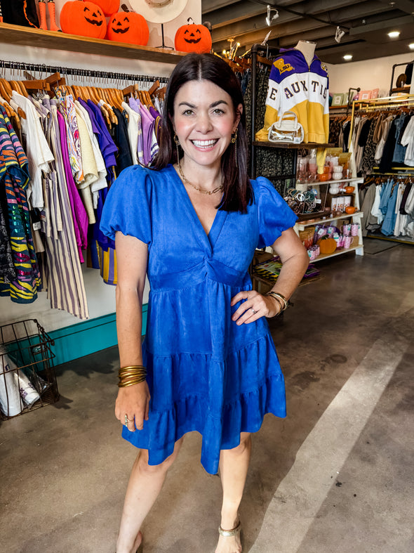 Skies are Blue Cobalt Suede Twisted Front Dress