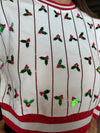 QOS White Sweatshirt with Red Sequin Stripes & Holly