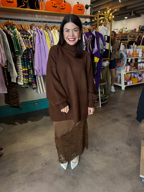 Before You Chocolate Knit Rib Funnel Neck Oversized Pullover