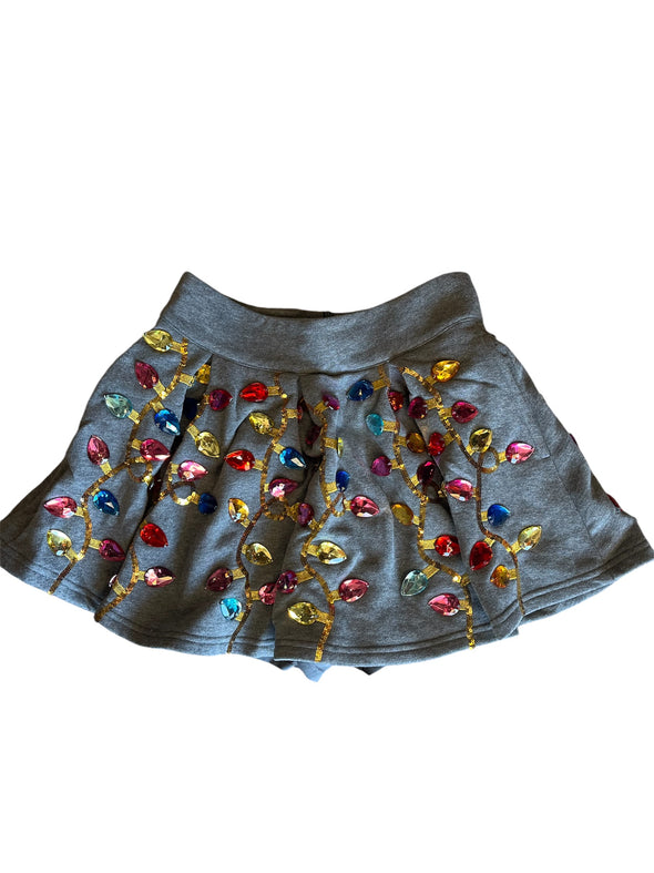 QOS Charcoal Jeweled Christmas Light Skort