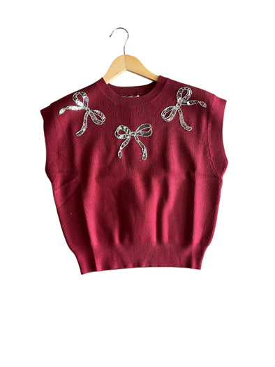 She+Sky Wine Round Neck Sequin Bow Sweater Vest