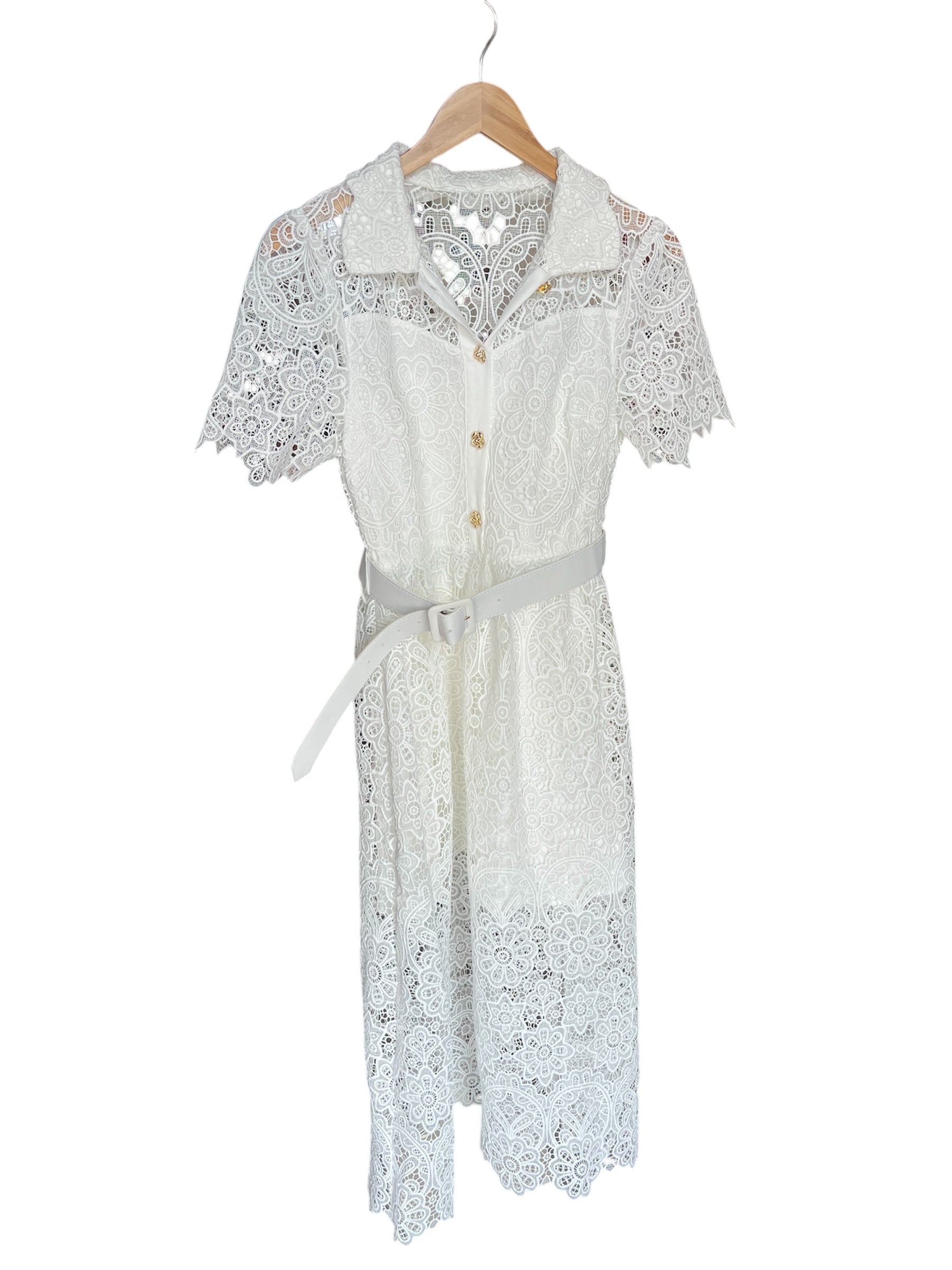 Fate by LFD Off White Belted Fit and Flare Lace Midi Dress Fate by LFD Off White Belted Fit and Flare Lace Midi Dress