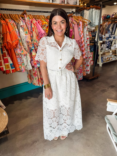 Fate by LFD Off White Belted Fit and Flare Lace Midi Dress Fate by LFD Off White Belted Fit and Flare Lace Midi Dress