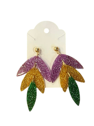 Multicolor Mardi Gras Feather Dangle Earrings