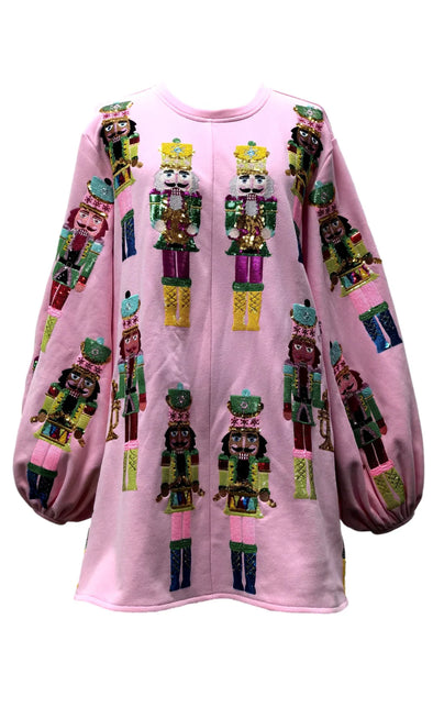 QOS Light Pink Nutcracker Band Balloon Sleeve Sweatshirt Dress