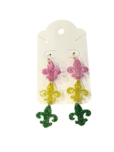 Multicolor Fleur-de-lis Acrylic Sparkle Drop Earrings