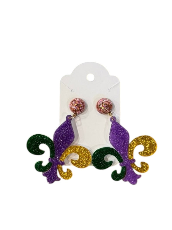 Purple, Green, & Gold Fleur-de-lis Earrings