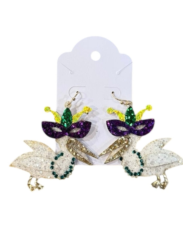 Mardi Gras Glitter Pelican Earrings