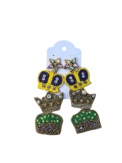 Mardi Gras Beaded Crown Drop Earrings