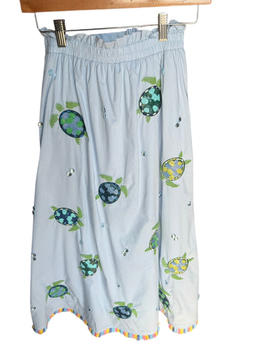 QOS Light Blue Cotton Turtle Fringe Midi Skirt