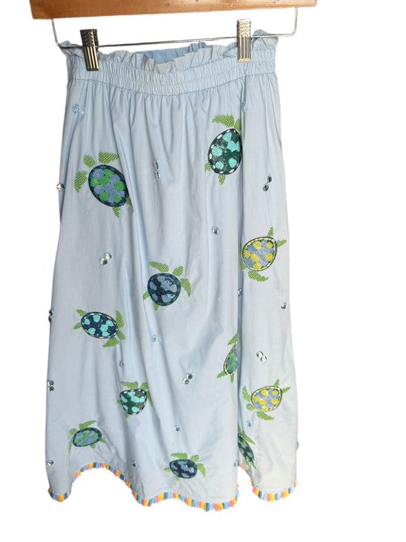 QOS Light Blue Cotton Turtle Fringe Midi Skirt