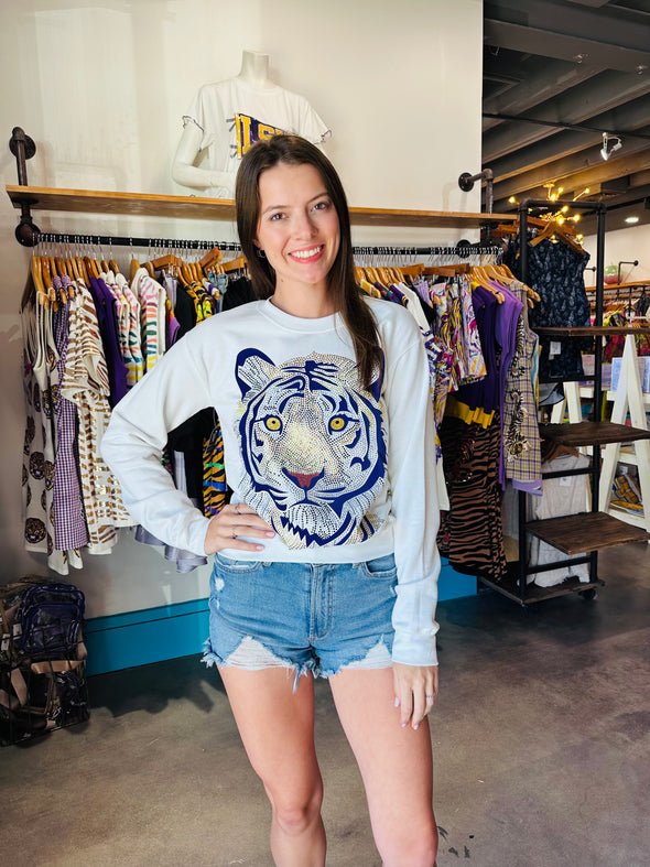 Moving Forward White Sequin Tiger Head Sweatshirt