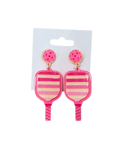 Pink Stripes Pickleball Paddle Earring