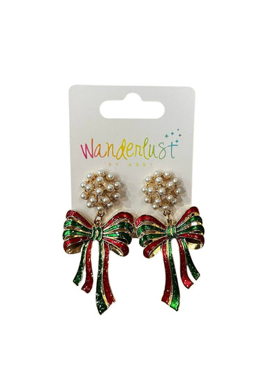 Red & Green Pearl Bow Earrings