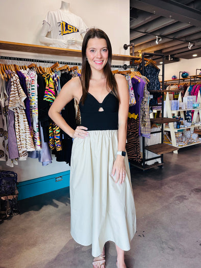 Lucy Paris Black and Tan Madrid Mixed Media Dress