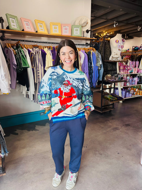 QOS White & Blue Vintage Skiing Santa Sweatshirt