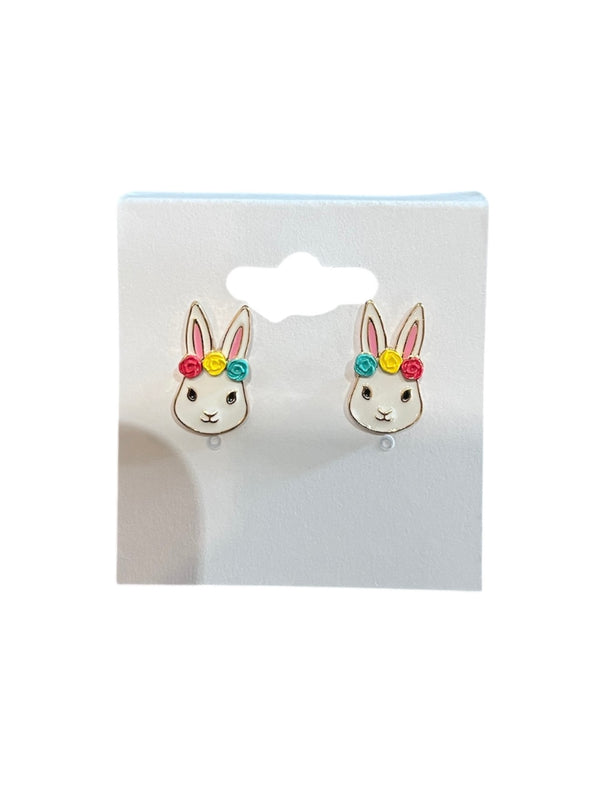 White Bunny Flower Crown Stud Earrings