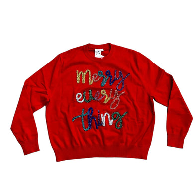 QOS Red Merry Everything Glitter Script Sweater