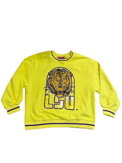 QOS  Pale Yellow Sequin Vintage LSU Tiger Head Sweatshirt