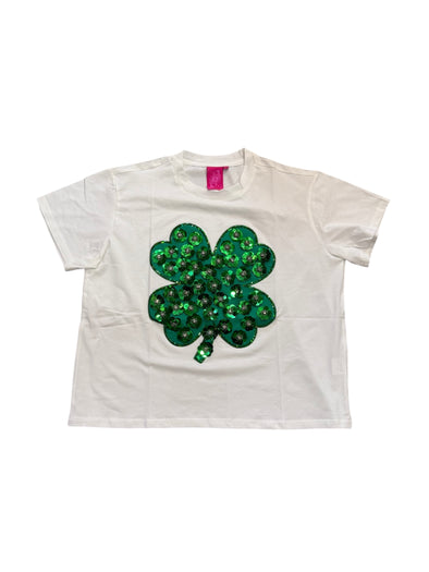 QOS White & Green Sequin Flower Shamrock Tee