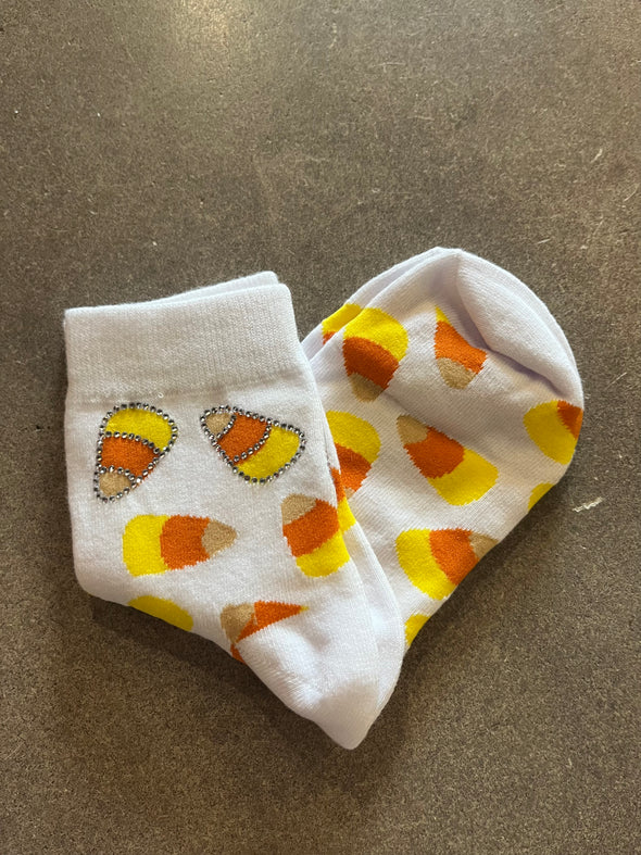 QOS O/S White Candy Corn Rhinestone Socks