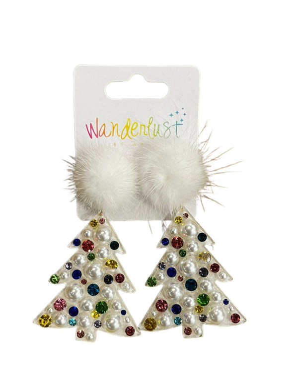 White Pom Pom Tree Earrings