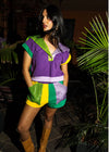 QOS Mardi Gras Colorblock Rhinestone Pocket Shorts