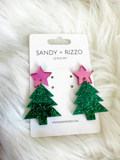 Pink Star Christmas Tree Earrings