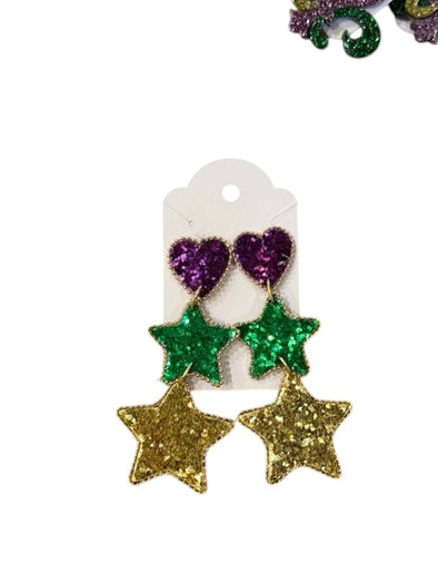 Mardi Gras Heart & Star Drop Earrings